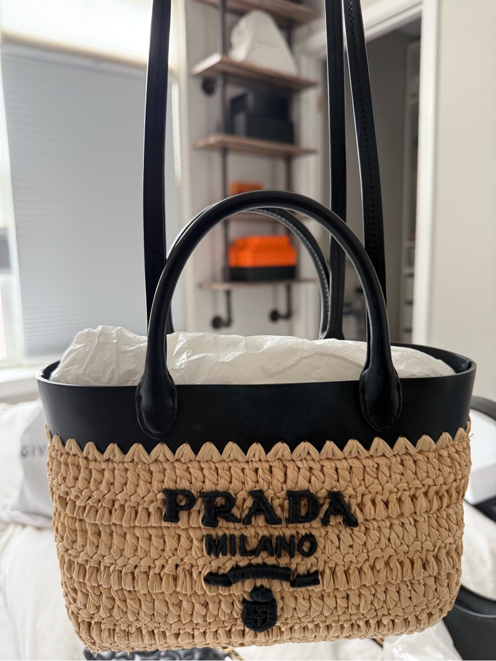 Prada Raffia Straw Tote with Black Leather Trim and Logo - Picture 3 of 5